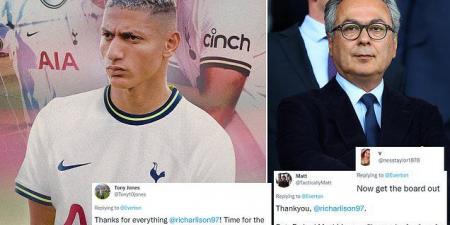'Farhad Moshiri, you will never be forgiven for allowing this to happen': Furious Everton fans slam the club's owner for selling Richarlison to Tottenham for £60m and insist it is 'time for the board to go' amid dire financial problems