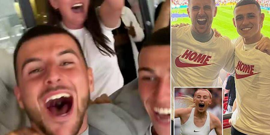 Mason Mount and Phil Foden erupt in wild celebrations after their female counterparts secured historic Euros victory for England against Germany at Wembley 