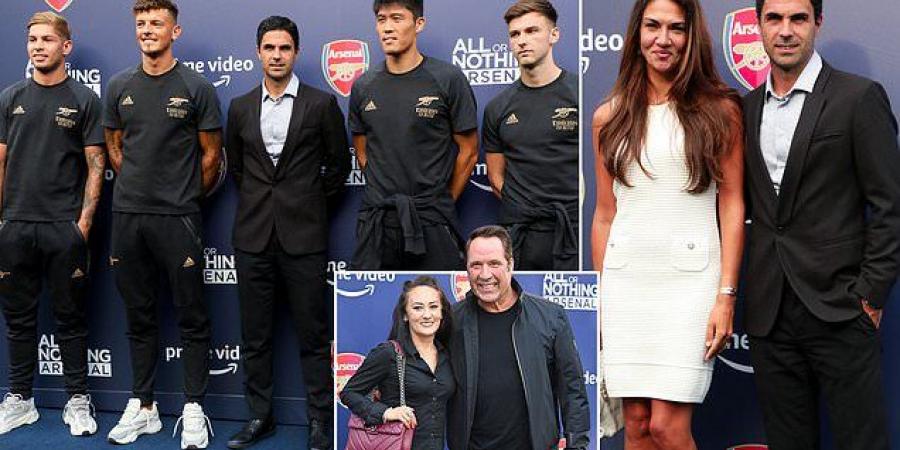 The red (and white) carpet! Mikel Arteta gets first glimpse of new All or Nothing series at special London screening with Arsenal boss leading host of past and present Gunners stars... as Ben White insists players didn't notice Amazon's cameras