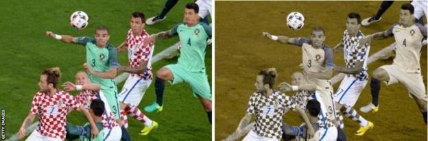 Pepe attacks the ball as Portugal play Croatia. The original picture appears to show a distinctive difference between the kits, but another image shows how a colour blind viewer might see them - and they are much harder to distinguish between.