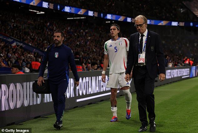 Italy defender Riccardo Calafiori was forced off during their 3-1 victory over France