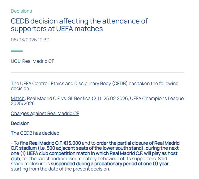 UEFA sanctions Real Madrid with partial closure of Bernabeu for racism