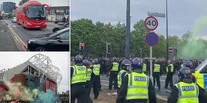 Tensions threaten to boil over between Manchester United fans and police again as hundreds gather near Old Trafford to continue protests against the Glazers... while a Liverpool coach 'has tyres SLASHED en route to the stadium ahead of the match' 