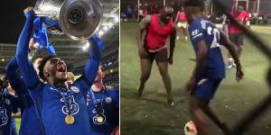 Callum Hudson-Odoi shows off incredible footwork and skills as he plays a game of cage football in Ghana... less than a week after Champions League glory with Chelsea 