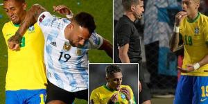 South American football chiefs SUSPEND the referee and VAR for failing to punish Argentina's Nicolas Otamendi for elbowing Brazil star Raphinha... with the Leeds man needing FIVE stitches in his mouth