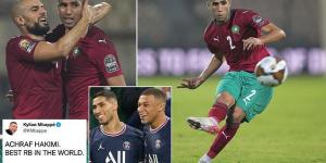 Kylian Mbappe hails PSG team-mate Achraf Hakimi as the 'best right back in the world' after he scored a stunning free-kick to help Morocco book their place in the AFCON quarter-finals
