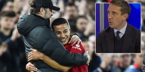Gary Neville claims Liverpool star Thiago 'was laughing at Manchester United' when he came off after 'taking the p*** out of them all game' with a midfield masterclass as Jurgen Klopp's quadruple-chasers humiliated the Red Devils at Anfield 