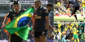 Norwich 0-3 Newcastle: Brazilian stars combine to send Eddie Howe's in-form side up to NINTH with a comfortable win at Carrow Road... with Joelinton scoring two before Bruno Guimaraes nets again