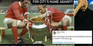 'How many years you think me and Sir Bobby will have to check?': Manchester United legend Patrice Evra pokes fun at old rivals City with bizarre mock-up of himself and England legend Charlton looking at the Champions League trophy
