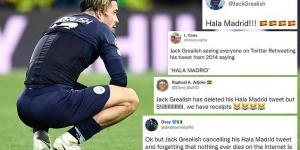 Fans mock Jack Grealish and remind him that 'nothing ever dies on the internet' after the Manchester City star sneakily deleted an embarrassing 'Hala Madrid' tweet from 2014 just hours after their Champions League collapse