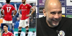 'You're a Liverpool fan, come on! United? I'm sorry...': Grinning Pep Guardiola apologises to a reporter for how difficult supporting Man City's rivals must be, as he claims the nation wants his side to lose