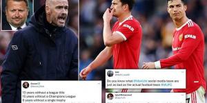 Man United fans SLAM the club's social-media team for posting a now-deleted update about Erik ten Hag's title charge at Ajax on the back of their Brighton drubbing... just hours after CEO Richard Arnold was said to be 'unhappy' with their online strategy
