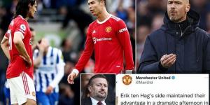Manchester United delete social media update about Erik ten Hag's success with Ajax in the Eredivisie title race... as angry fans berate Twitter post after their dismal Premier League season hit new low with Brighton loss