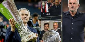 'We won three titles at Man United, unfortunately the last three titles of the club': Jose Mourinho can't resist a little dig at Red Devils' struggles as he's quick to point out he was the last manager to win a trophy there... five years ago!