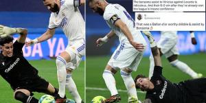 Football fans hail Karim Benzema's 'insane confidence' after his 'Ballon d'Or-worthy' assist in Real Madrid's six-goal thrashing of Levante... with Frenchman also grabbing a goal of his own to draw level with Raul in all-time Los Blancos goalscoring list