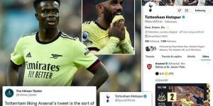 'The sort of s***housery we all love to see!': Eagle-eyed football fans spot Tottenham's account LIKING an Arsenal tweet confirming their defeat against Newcastle, with Spurs now needing just a point at Norwich to seal fourth spot