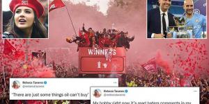 'There are just some things oil CAN'T buy': Fabinho's wife, Rebeca Tavares, takes aim at Man City after thousands of Liverpool fans flock the streets to celebrate the side's success this season, less than 24 hours after their Champions League final defeat