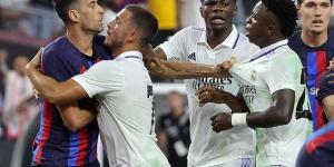 So much for a friendly! Barcelona and Real Madrid stars BRAWL during their pre-season clash in Las Vegas as Vinicius Jr and Rodrygo shove Sergio Busquets before Antonio Rudiger and Ronald Araujo steam in 