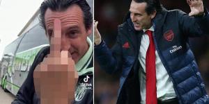 Former Arsenal boss Unai Emery gives a fan the middle finger after being mocked over his English accent and failed 18 month spell with the Gunners... as fans praise the Spaniard for shutting down the 'disrespectful little dweebs' 