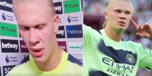 'Ah s**t, sorry!': Erling Haaland leaves fans in hysterics as he SWEARS twice during post-match interview after scoring twice in Man City's 2-0 win over West Ham on his Premier League debut... with subbed striker not happy to miss out on hat-trick