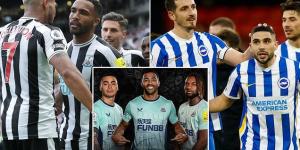Newcastle forced to play in a one-off shirt in their Premier League clash with Brighton on Saturday after ALL THREE of their 2022-23 castore kits were adjudged to clash with Brighton's blue-and-white striped home jersey