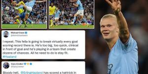 'This fella is going to break every goalscoring record there is': Michael Owen and Gary Lineker lead the praise for Erling Haaland on social media as the rampant Man City striker powers home ANOTHER hat-trick in just 38 MINUTES against Nottingham Forest 