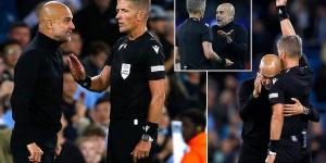 Pep Guardiola is shown a 'hilarious' yellow card after arguing with the referee and telling him to 'f*** off' - before offering the official a hug - despite Man City completing a late comeback against Dortmund in the Champions League