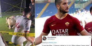 'White shorts was not the best idea!': Former Roma star Kostas Manolas goes viral as he is unveiled by new club Sharjah next to a LION - before fleeing to safety after the predator let out a huge roar just inches away from him