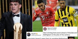 'I genuinely haven't seen Gavi do anything!': Fans insist England midfielder Jude Bellingham was 'ROBBED' after he missed out on the Kopa Trophy at Ballon d'Or ceremony... as decision to crown Barcelona star is labelled 'joke of the century'