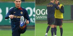 Cristiano Ronaldo and Joao Cancelo are involved in a bizarre altercation at Portugal training, as the star forward looks to diffuse a situation by grabbing the frustrated Man City defender by the head
