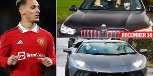 Not bad for a courtesy car! Manchester United's £82m Brazilian star Antony drives to training in a £340,000 Lamborghini... just over a week since he 'crashed his £100,000 BMW on the wet M56 on New Year's Eve'
