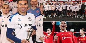 Casemiro poses alongside his Manchester United team-mates with his FIFA Best trophy for being named in World XI, with Brazilian midfielder recognised for his exploits in Real Madrid's Champions League triumph