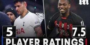 PLAYER RATINGS: Cristian Romero's red card left Tottenham with a mountain to climb, while Rafael Leao showed why he is attracting interest from Premier League clubs... as Antonio Conte's side went out of the Champions League with a whimper