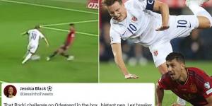 Arsenal fans fume as Martin Odegaard is left clutching his ankle after being wiped out with a 'leg breaking' tackle by Man City title rival Rodri... with the Gunners captain furious not to receive a penalty in Norway's defeat to Spain