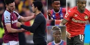 Declan Rice, Moussa Diaby, Wilfried Zaha and Marc Guehi are on Mikel Arteta's six-man wish-list as Arsenal prepare to spend big in the summer in a bid to close the gap on title rivals Manchester City