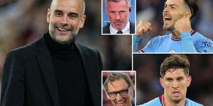 Jamie Carragher insists Pep Guardiola is one of the best managers EVER as he backs Man City to complete a stunning Treble... while Tony Adams hails 'incredible' Jack Grealish and John Stones following their title triumph