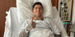 Enzo Fernandez shares a photo from the hospital bed after successful surgery... as the Chelsea star reveals his groin injury left him in 'intense' pain for 'six months'