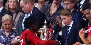 Prince George shakes hands with FA Cup matchwinner Kobbie Mainoo and England star Jack Grealish after joining dad William at Wembley for Manchester United's triumph over Manchester City
