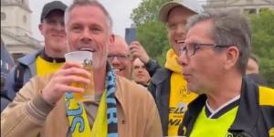 Jamie Carragher gets back on the beers with Borussia Dortmund fans ahead of Champions League final after his boozy night out in the 'Yellow Wall' during their victory over PSG