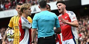 Pitch-side microphone reveal former Arsenal man Danny Welbeck's sneaky unseen role in Gunners midfielder Declan Rice being sent off against Brighton