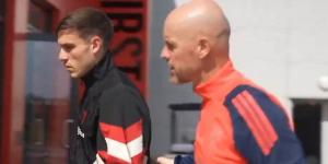 Erik ten Hag leaves Manuel Ugarte confused in awkward moment... as Man United boss tries to hype up new £51m signing in front of the cameras