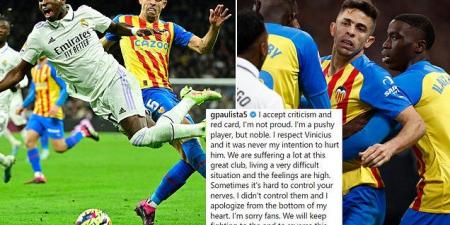 'I'm not proud': Gabriel Paulista apologises for WILD challenge on Vinicius Junior that saw him receive a red card during Valencia's 2-0 loss to Real Madrid, admitting it was 'never his intention to hurt the Brazilian'
