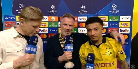 Jamie Carragher's 'drunk' interview with Jadon Sancho leaves Thierry Henry head-in-hands, while Kate Abdo mocks his touchy-feely behaviour with Man United loanee after he downed 'eight pints' in Dortmund's Yellow Wall