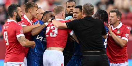 Levi Colwill and James McClean spark BRAWL just two minutes into Chelsea's 2-2 draw with League One Wrexham - with players and staff forced to rip the pair apart