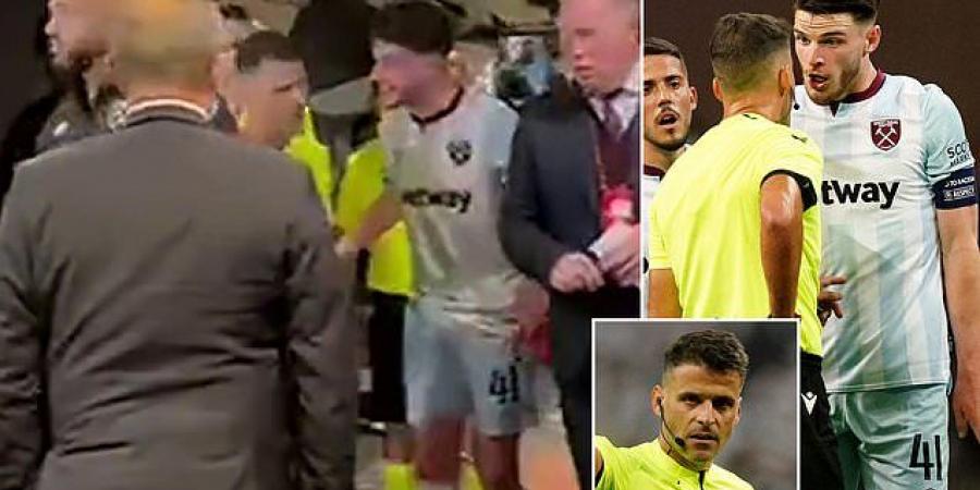 Declan Rice is facing a three-game European ban after confronting West Ham's Europa League semi-final referee in the tunnel... telling him 'You've probably been f***ing paid' after Aaron Cresswell and David Moyes were sent off