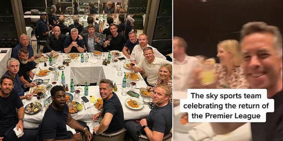 Jamie Carragher and Gary Neville enjoy a night of dancing and drinking, as the Sky Sports team celebrate ahead of the new Premier League season