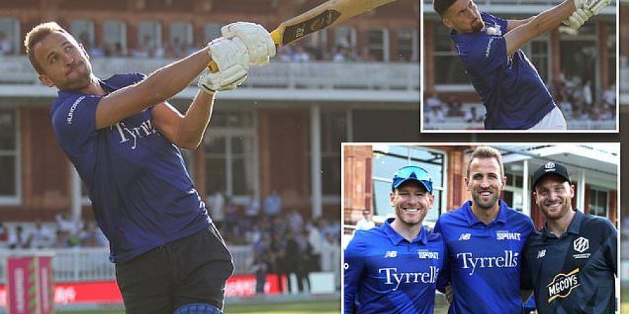 Harry Kane and Matt Doherty warm-up with England cricket stars Eoin Morgan and Jos Buttler ahead of London Spirit's clash with Manchester Originals in The Hundred