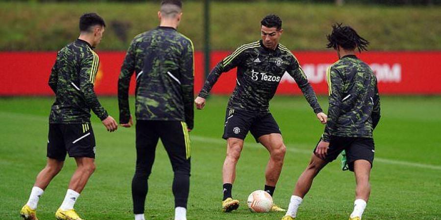 Cristiano Ronaldo celebrates wildly after nutmegging Manchester United team-mate Lisandro Martinez in training ahead of Omonia game