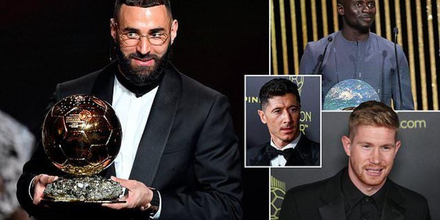 REVEALED: Karim Benzema won the Ballon d'Or by a whopping 356 votes, smashing closest rival Sadio Mane... with the Bayern Munich star just 18 better off than third placed Kevin De Bruyne, while Robert Lewandowski missed out on the top three by just five 
