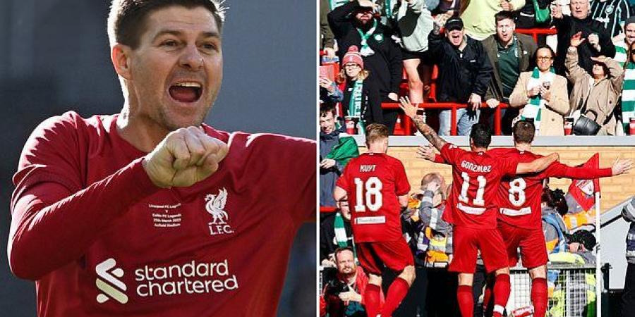 Celtic fans throw BOTTLES and coins at Steven Gerrard after the ex-Rangers boss scores a penalty in a charity match at Anfield... which the Liverpool legend celebrated right in front of the away end
